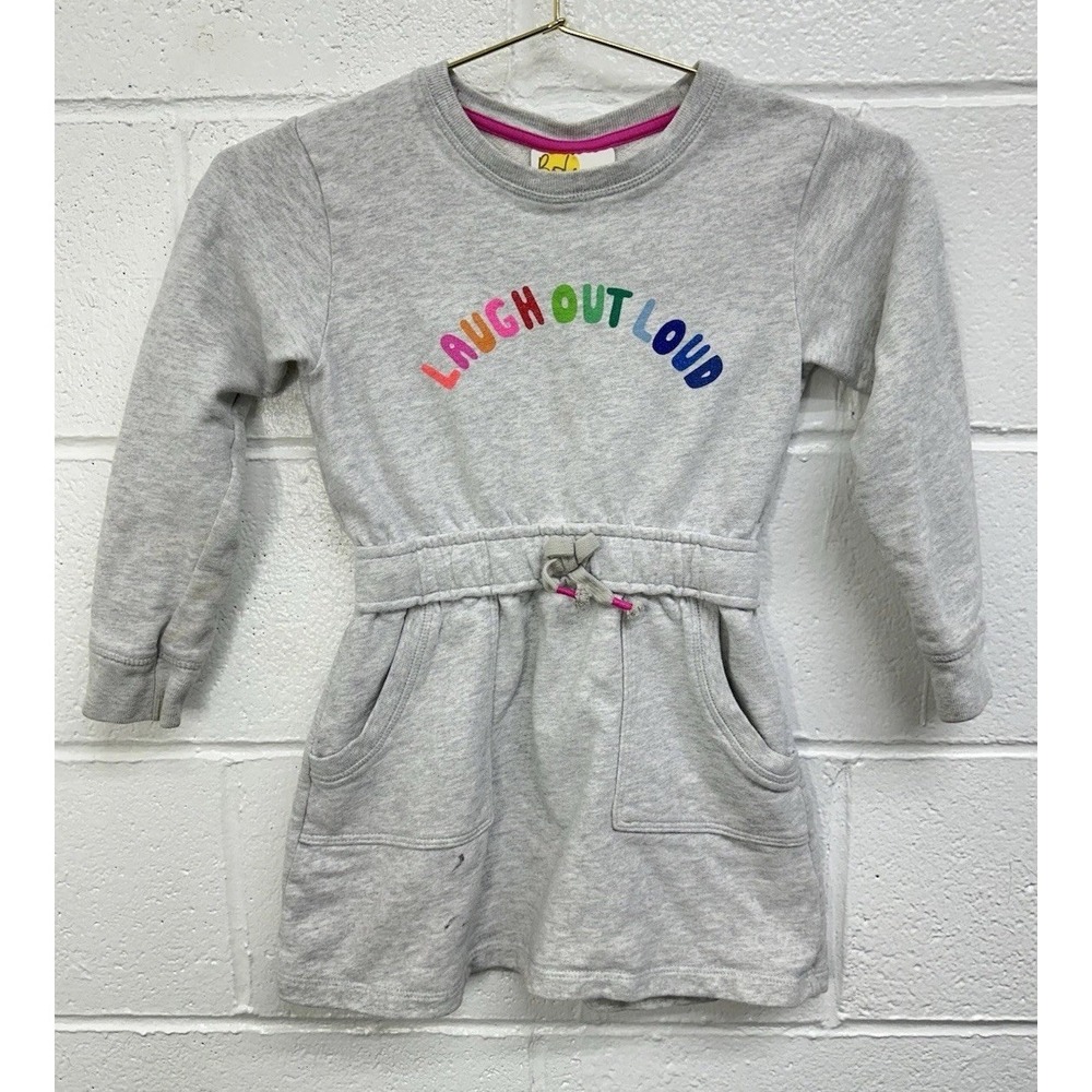 Boden Girls 5-6Y Grey Sweatshirt Dress with Multicolor "Laugh Out Loud" Graphic